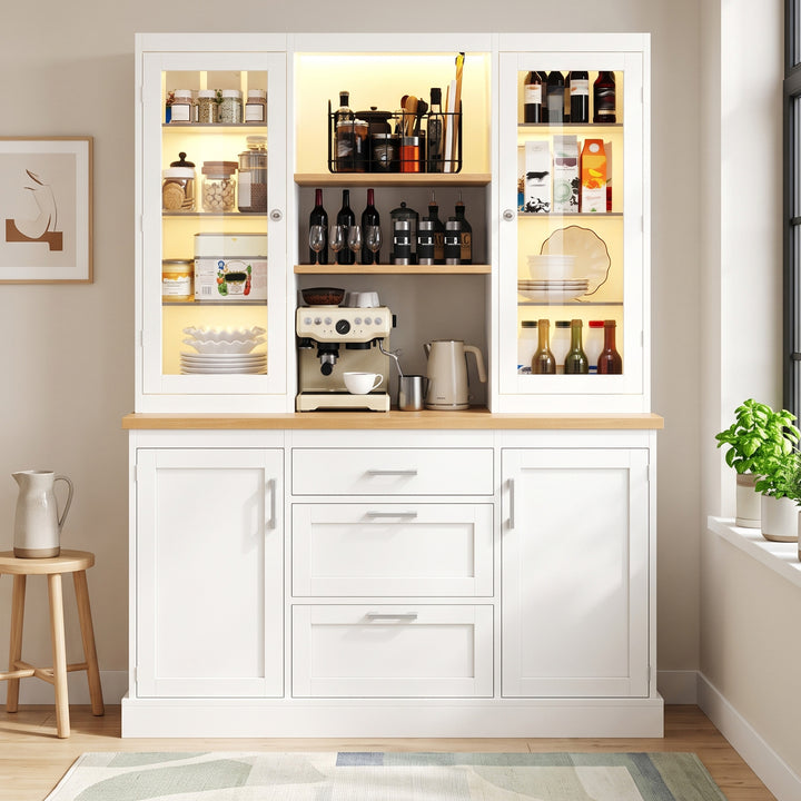 White Kitchen Cabinet with Glass Doors, 3 Drawers, LED Lights 140cm VANITYGLASS