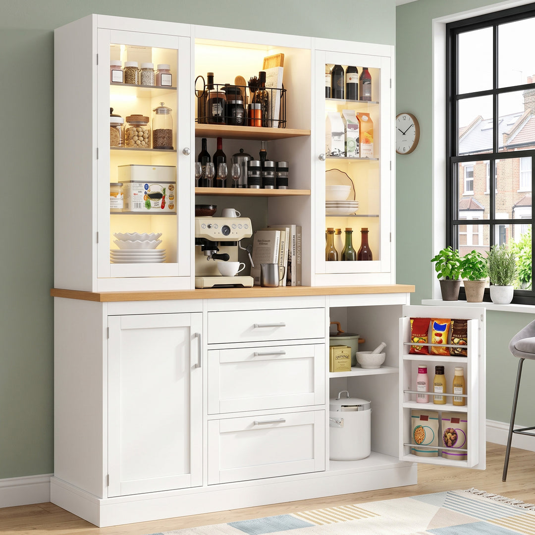 White Kitchen Cabinet with Glass Doors, 3 Drawers, LED Lights 140cm VANITYGLASS