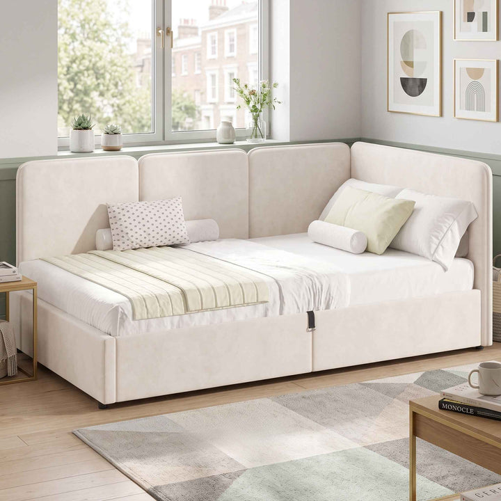 00+Modern Single Velvet Ottoman Daybed 90 x 190 cm Beige with Reversible Chaise VANITYHAVEN
