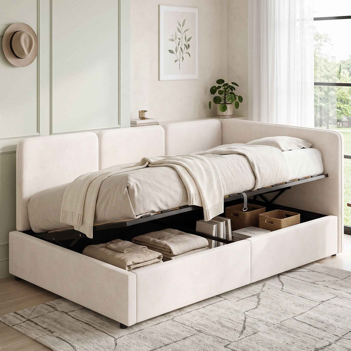 00+Modern Single Velvet Ottoman Daybed 90 x 190 cm Beige with Reversible Chaise VANITYHAVEN