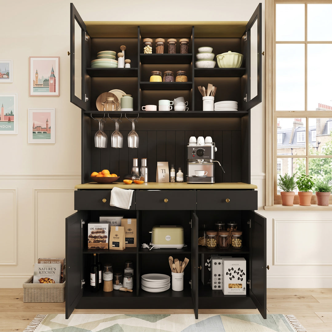 Black Kitchen Cabinet with Power Outlets & Wine Glass Rack 191cm VANITYHOME