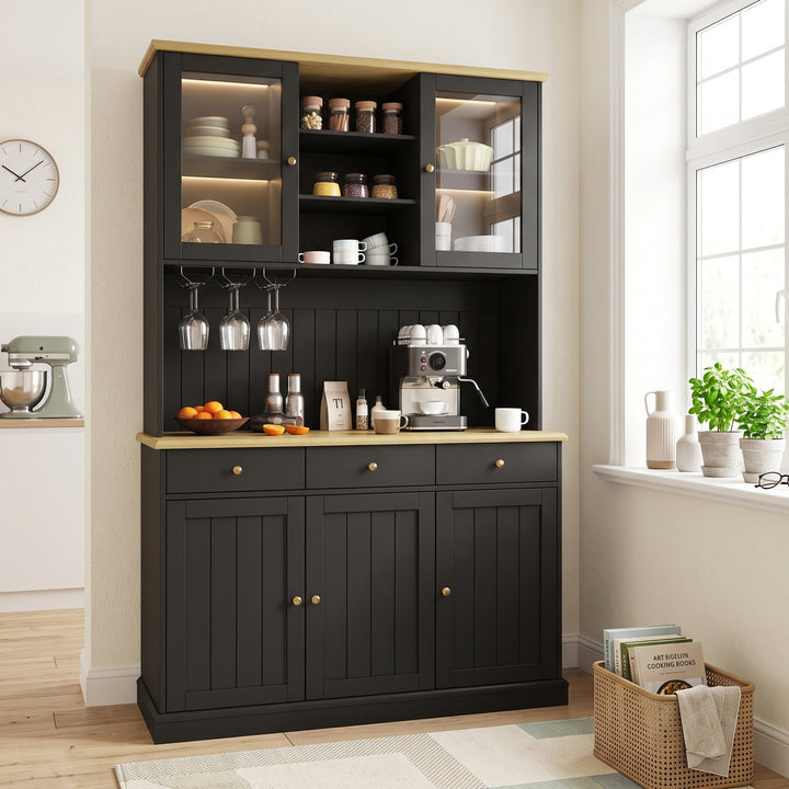 Black Kitchen Cabinet with Power Outlets & Wine Glass Rack 191cm VANITYHOME