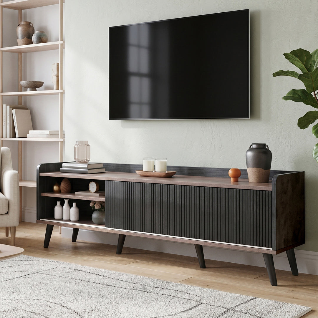 Retro Walnut and Black TV Stand with 2 Sliding Doors and 2 Drawers 160 cm VANITYLINE