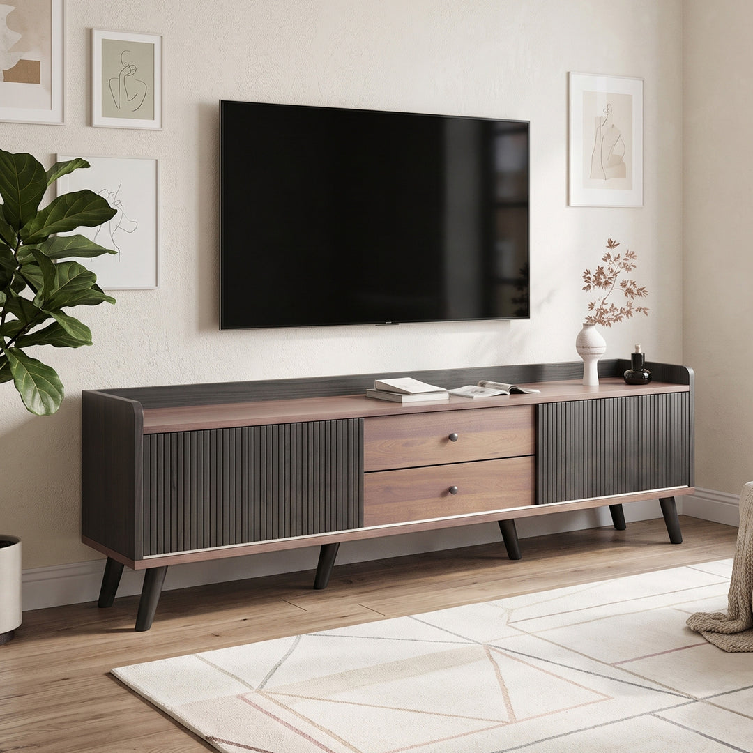 Retro Walnut and Black TV Stand with 2 Sliding Doors and 2 Drawers 160 cm VANITYLINE
