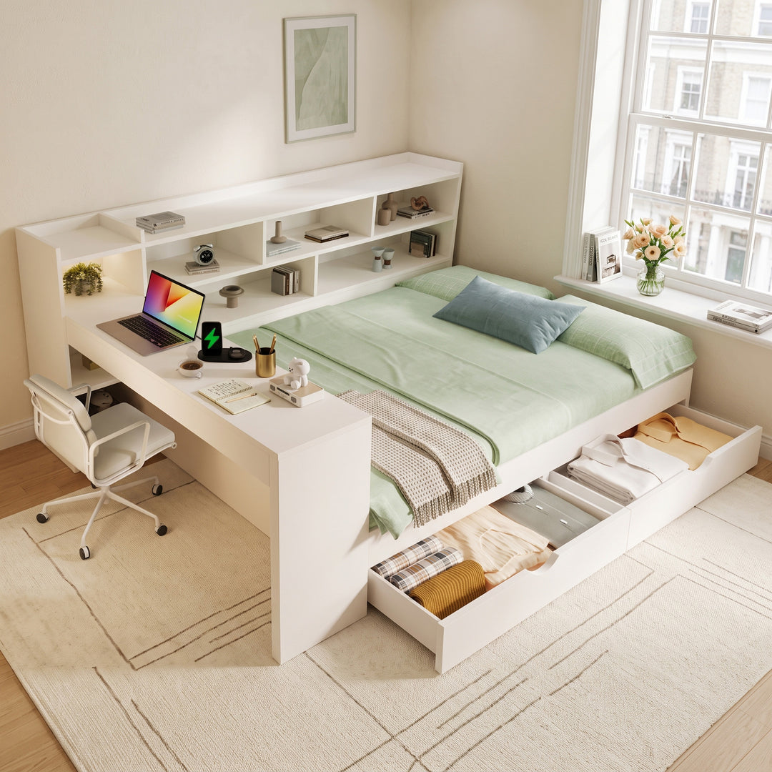 White Double Daybed with Desk, Drawer and Charging Ports 135x190cm VANITYMARBLE