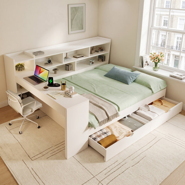 White Double Daybed with Desk, Drawer and Charging Ports 135x190cm VANITYMARBLE
