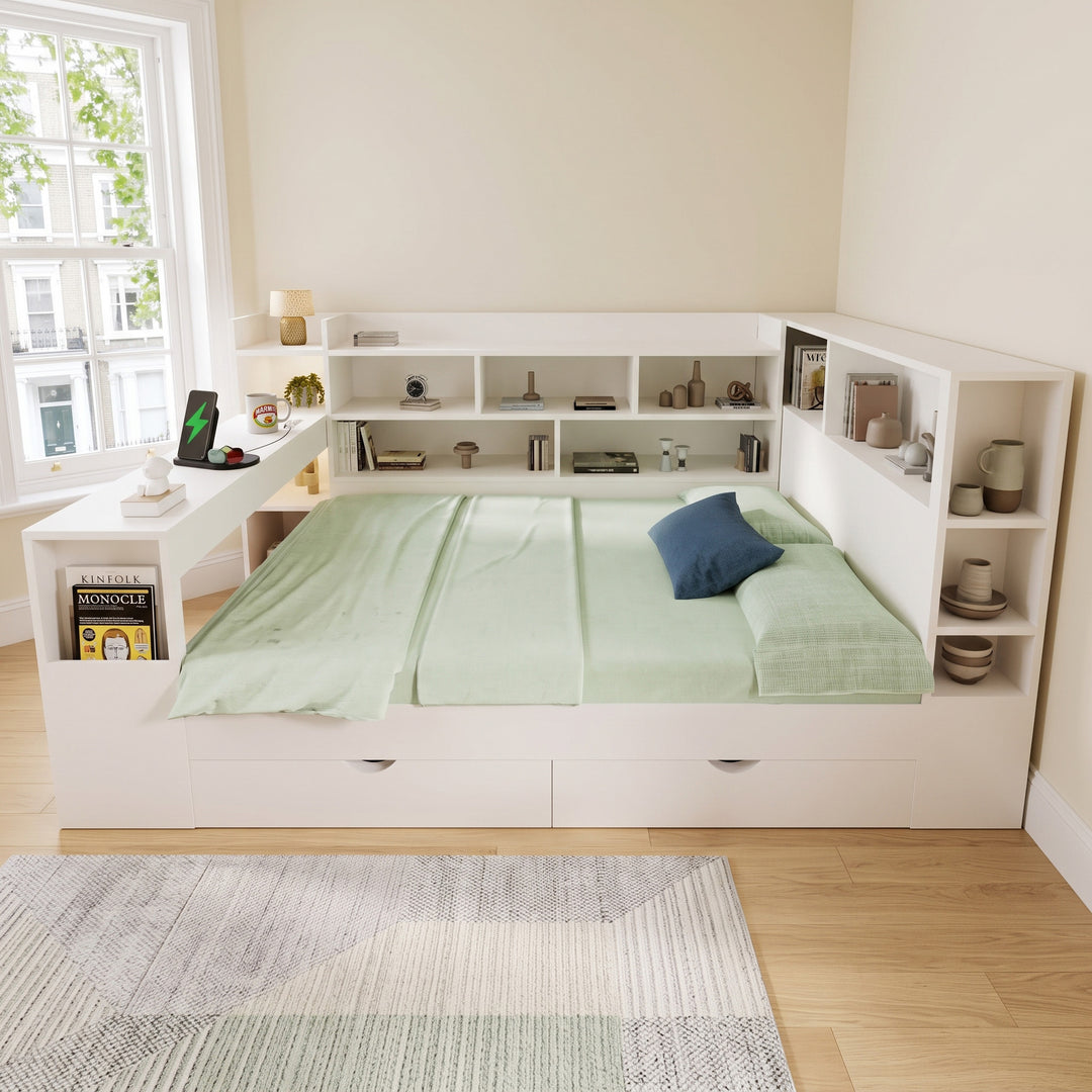 White Double Daybed with Desk, Drawer and Charging Ports 135x190cm VANITYMARBLE