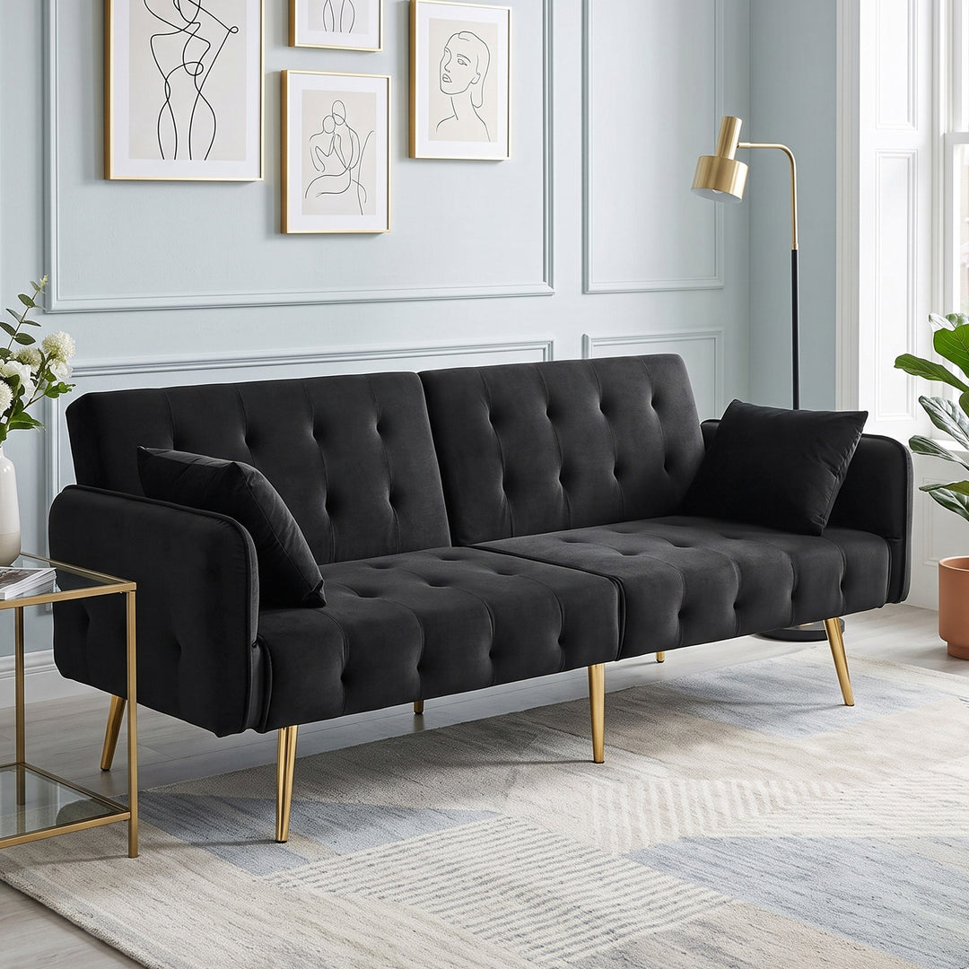 Black 2-Seater Velvet Sofa Bed, Adjustable Backrests and Armrests VANITYONE