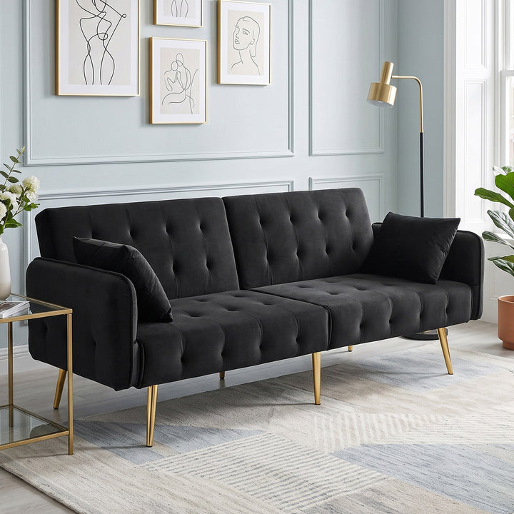 Black 2-Seater Velvet Sofa Bed, Adjustable Backrests and Armrests VANITYONE