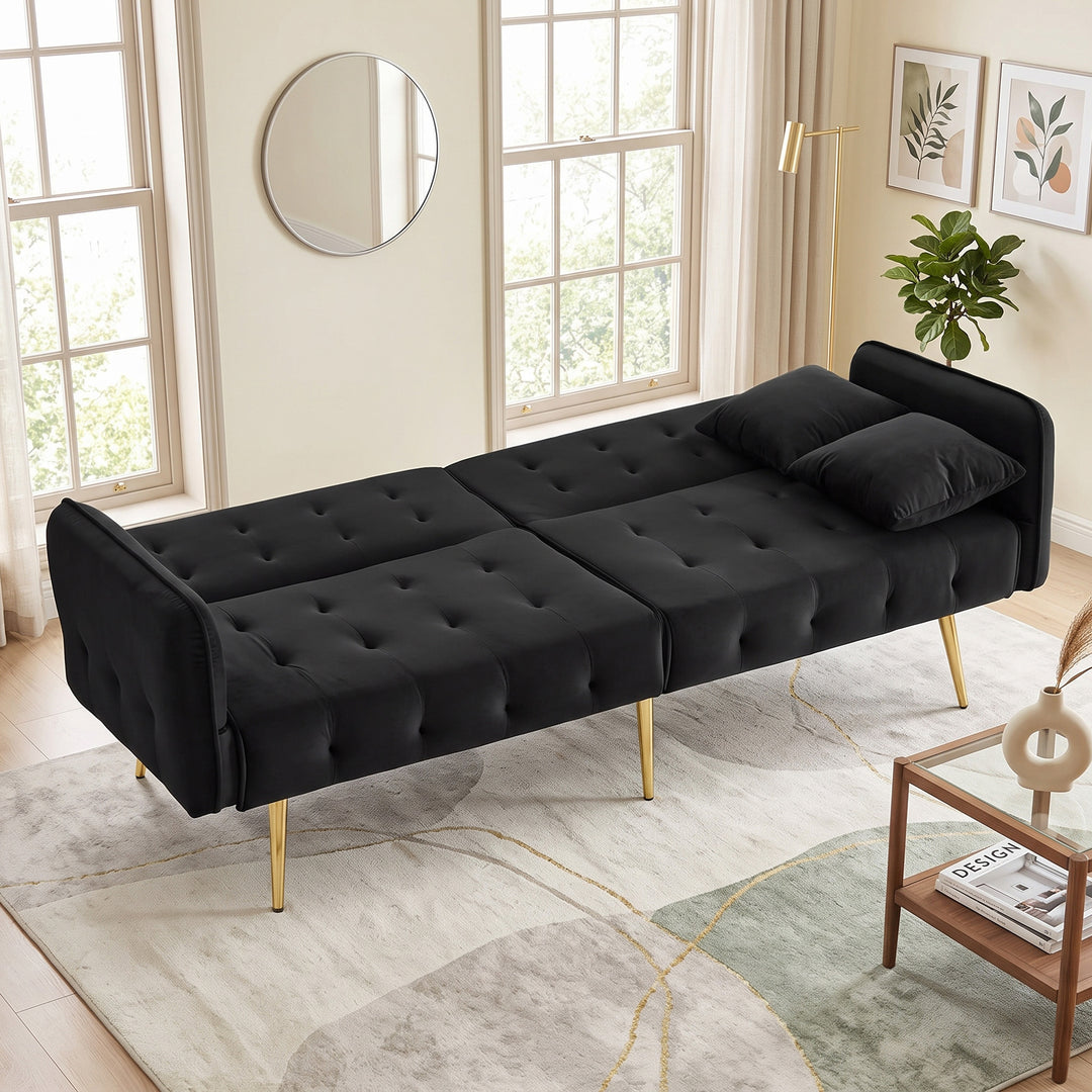 Black 2-Seater Velvet Sofa Bed, Adjustable Backrests and Armrests VANITYONE