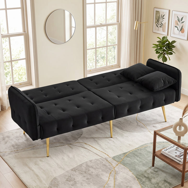 Black 2-Seater Velvet Sofa Bed, Adjustable Backrests and Armrests VANITYONE