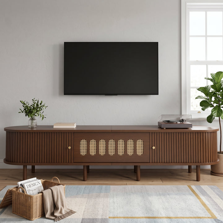 Walnut Oval TV Stand with 2 Drawers and 2 Tambour Doors with Rattan 180cm VANITYPLUS