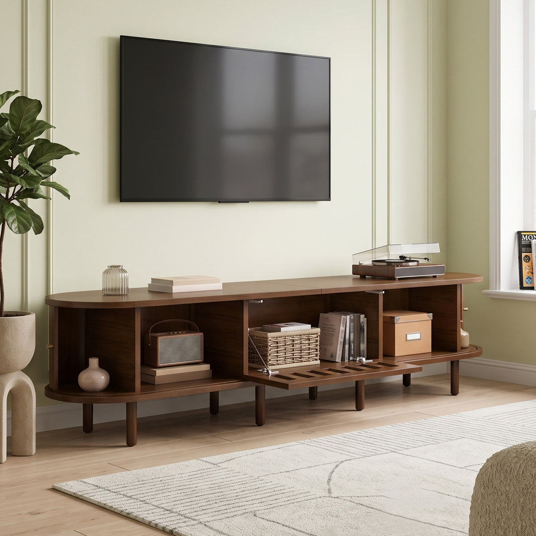 Retro Walnut TV Stand with Rattan-Look and Roll-Up Doors 180 cm VANITYPLACE