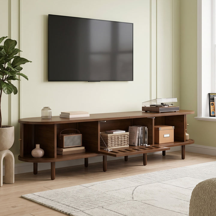 Retro Walnut TV Stand with Rattan-Look and Roll-Up Doors 180 cm VANITYPLACE