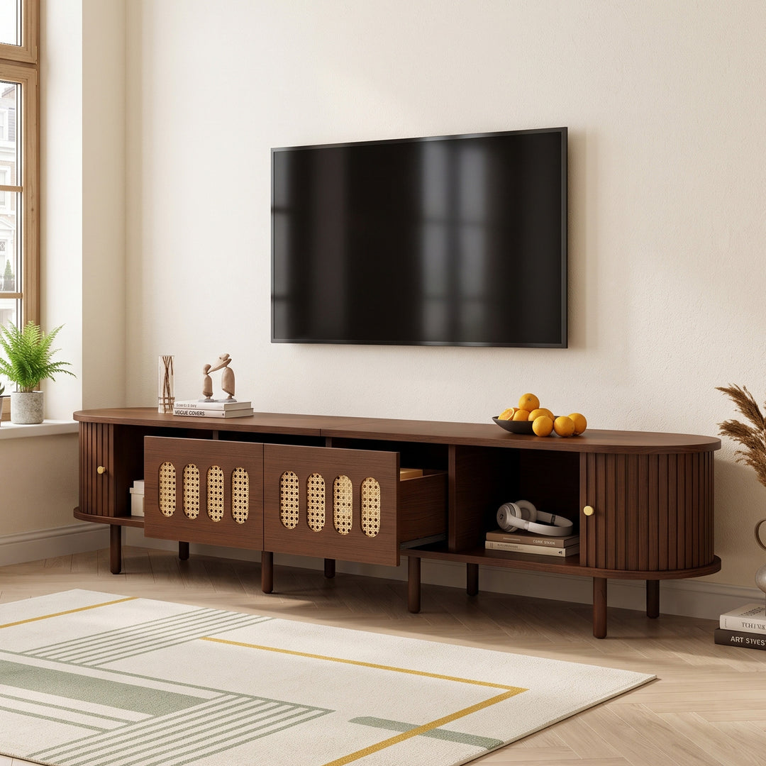 Walnut Oval TV Stand with 2 Drawers and 2 Tambour Doors with Rattan 180cm VANITYPLUS