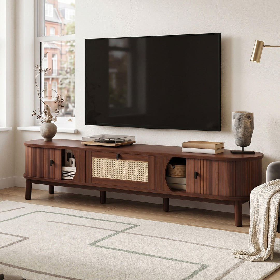 Vintage Walnut TV Stand Cabinet with Sliding Doors & Rattan Drawers 170cm VANITYPRO