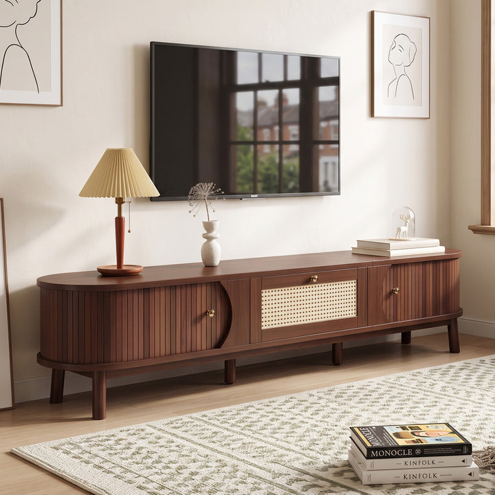 Vintage Walnut TV Stand Cabinet with Sliding Doors & Rattan Drawers 170cm VANITYPRO