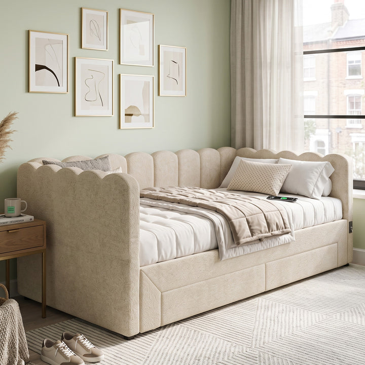 Scalloped Upholstered Daybed Extendable Beige Chenille with 2 Drawers, USB and Type-C Ports 90x190cm VANITYSERIES