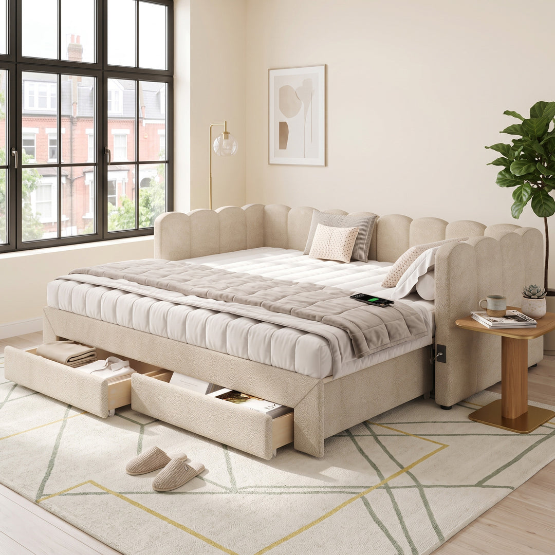 Scalloped Upholstered Daybed Extendable Beige Chenille with 2 Drawers, USB and Type-C Ports 90x190cm VANITYSERIES