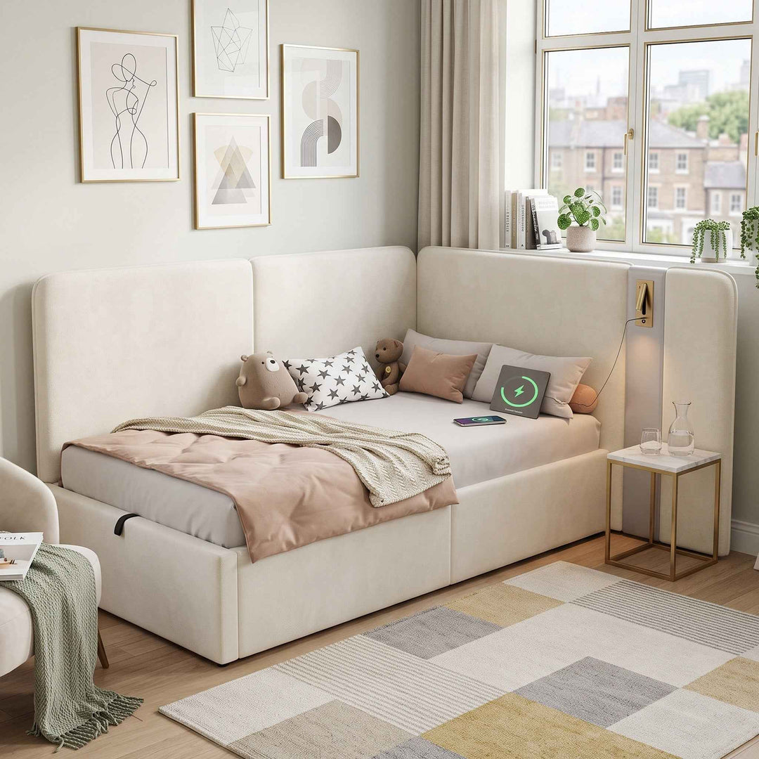 00+Modern Daybed 3FT Single 90 x 190 cm Beige Velvet, L-Shaped Hydraulic Storage Bed with USB & Reading Lamp VANITYSTONE