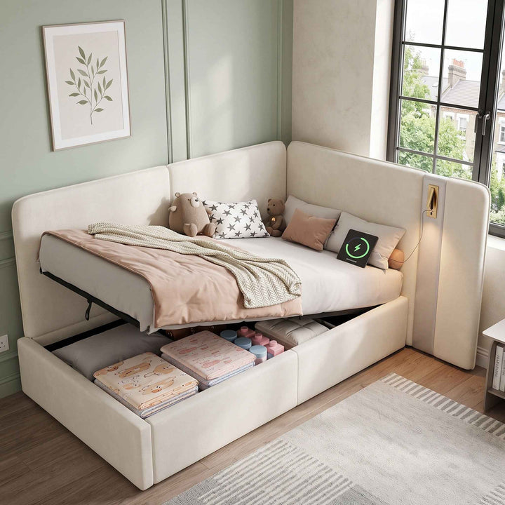 00+Modern Daybed 3FT Single 90 x 190 cm Beige Velvet, L-Shaped Hydraulic Storage Bed with USB & Reading Lamp VANITYSTONE