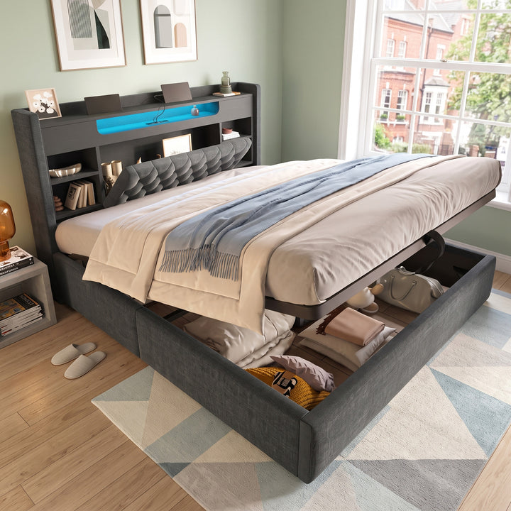 00+King Bed Frame 150 x 200 cm Grey Linen with Hydraulic Storage & LED Lights VANITYWALNUT