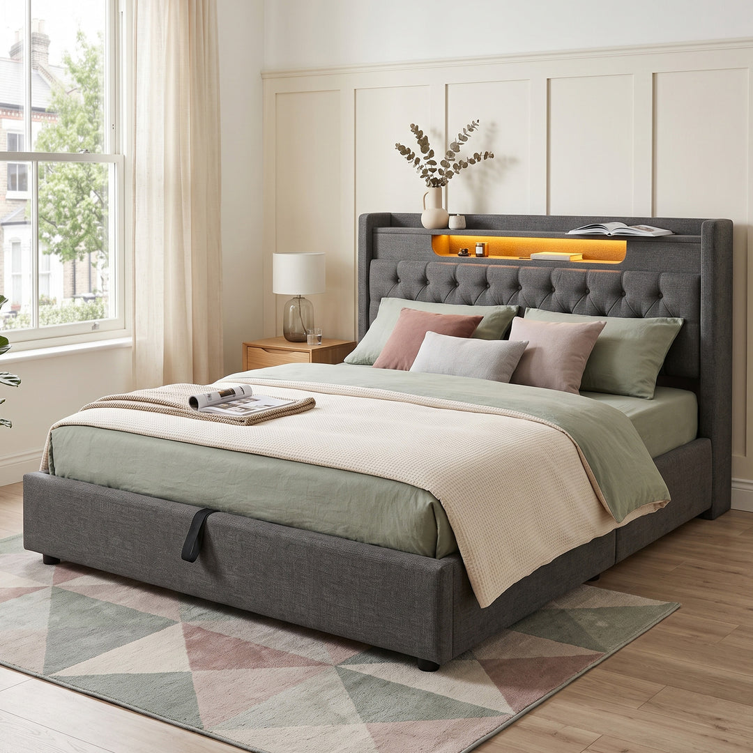 00+King Bed Frame 150 x 200 cm Grey Linen with Hydraulic Storage & LED Lights VANITYWALNUT