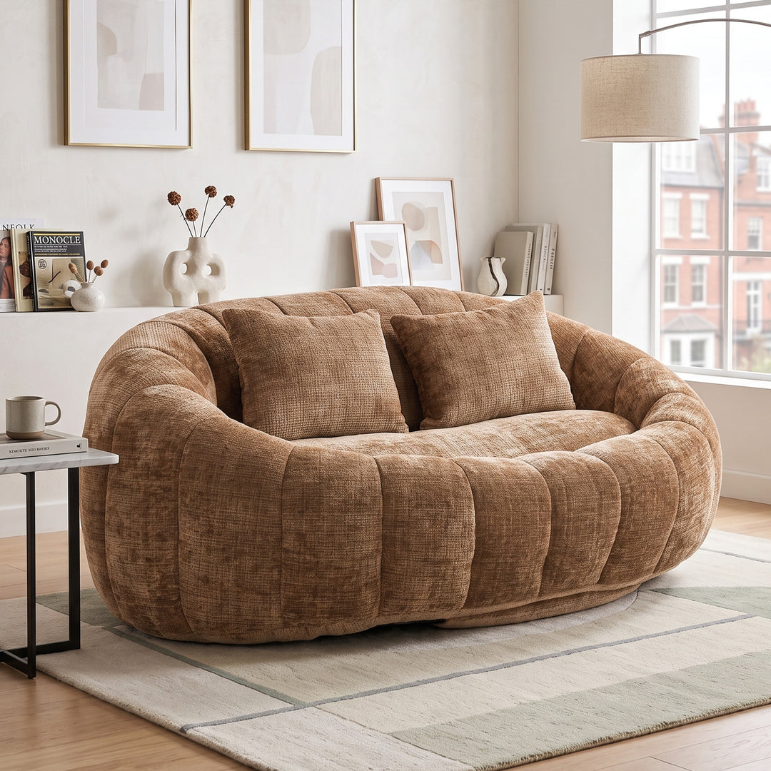 Contemporary Brown Chenille Curved Barrel Chair and Cuddle Lounger with 2 Pillows VANITYWICKER