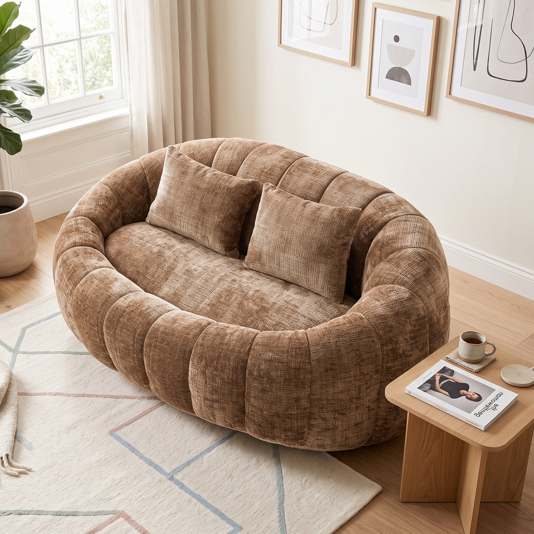 Contemporary Brown Chenille Curved Barrel Chair and Cuddle Lounger with 2 Pillows VANITYWICKER