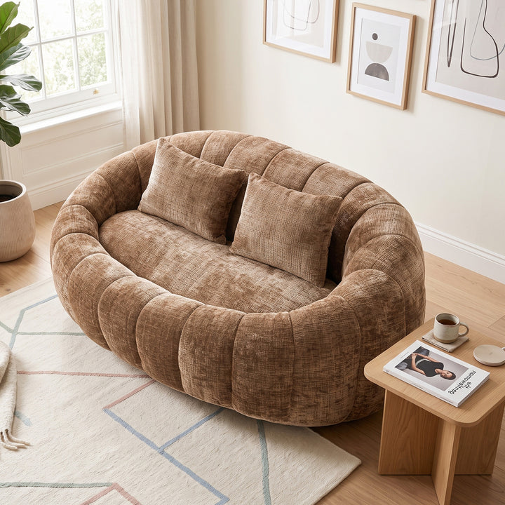Contemporary Brown Chenille Curved Barrel Chair and Cuddle Lounger with 2 Pillows VANITYWICKER