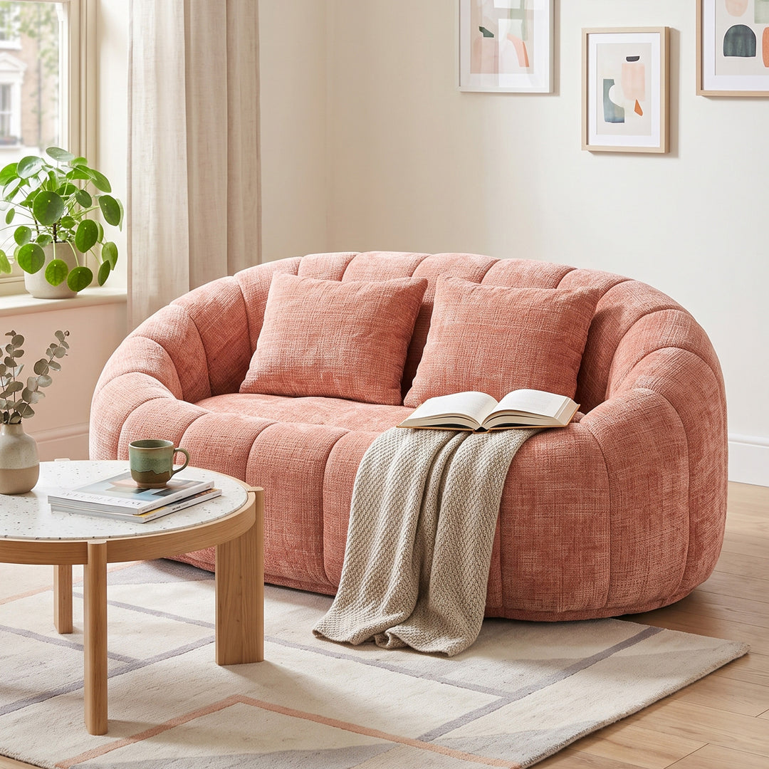 Contemporary Pink Chenille Curved Barrel Chair and Cuddle Lounger with 2 Pillows VANITYZONE