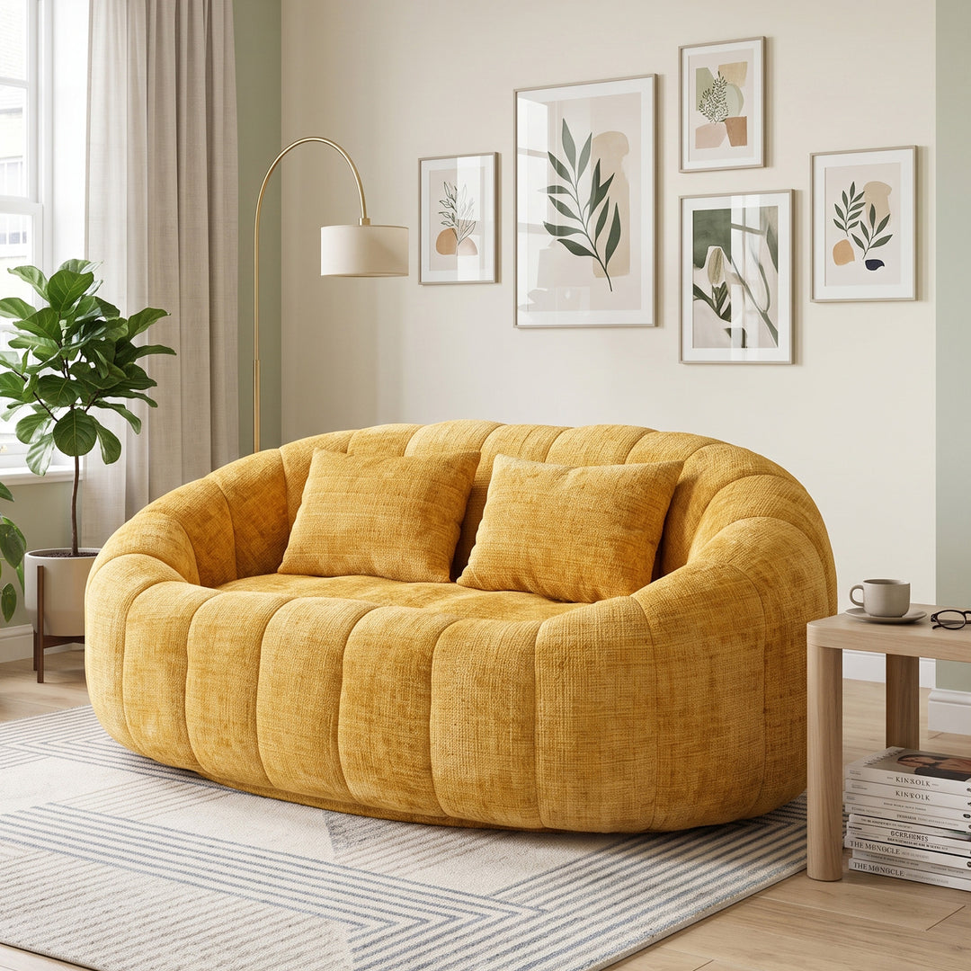 Contemporary Yellow Chenille Curved Barrel Chair and Cuddle Lounger with 2 Pillows VASEAIR
