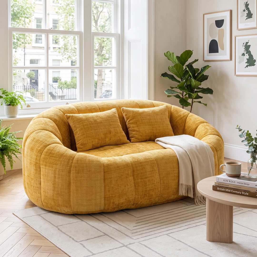 Contemporary Yellow Chenille Curved Barrel Chair and Cuddle Lounger with 2 Pillows VASEAIR