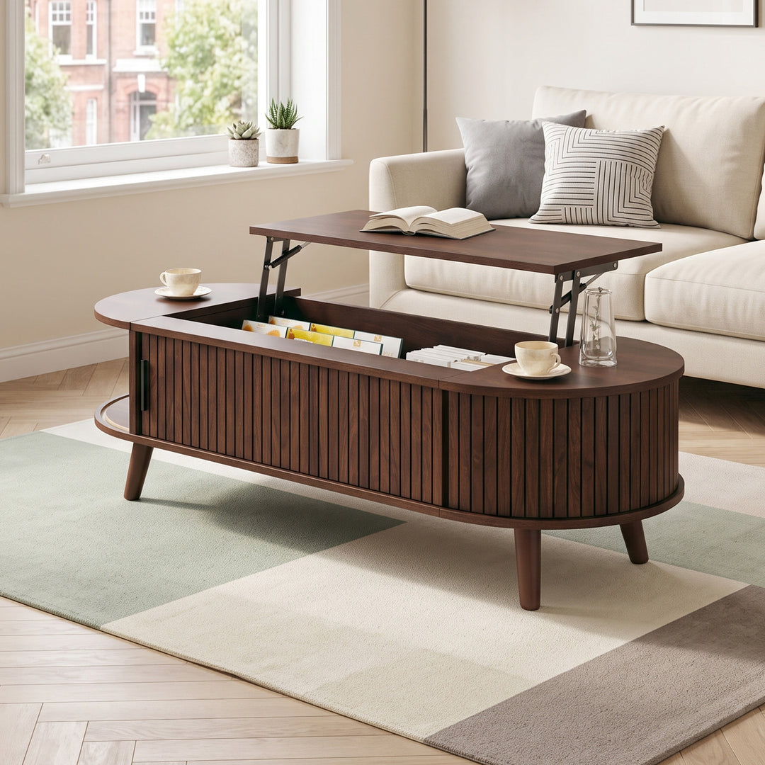 Lift Top Dark Wood Oval Coffee Table with Hidden Storage 120x50cm VASEEDGE