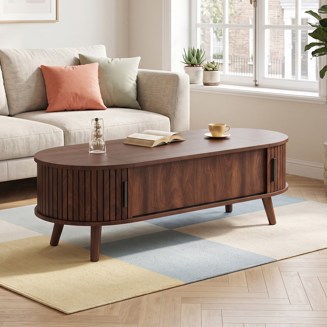Lift Top Dark Wood Oval Coffee Table with Hidden Storage 120x50cm VASEEDGE