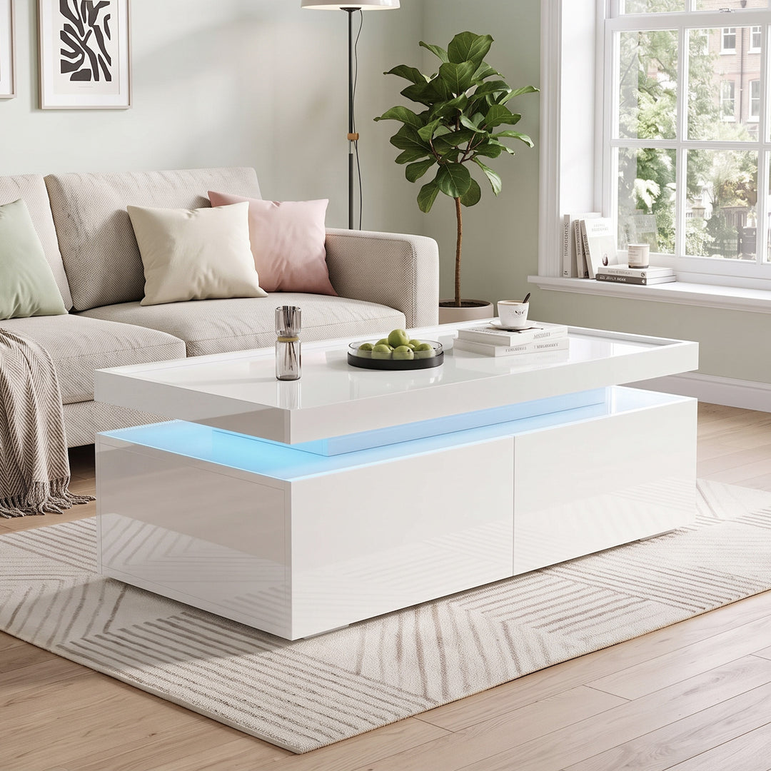 White Coffee Table with 2 Drawers and LED Lights 95x45x35cm VASEEDITION