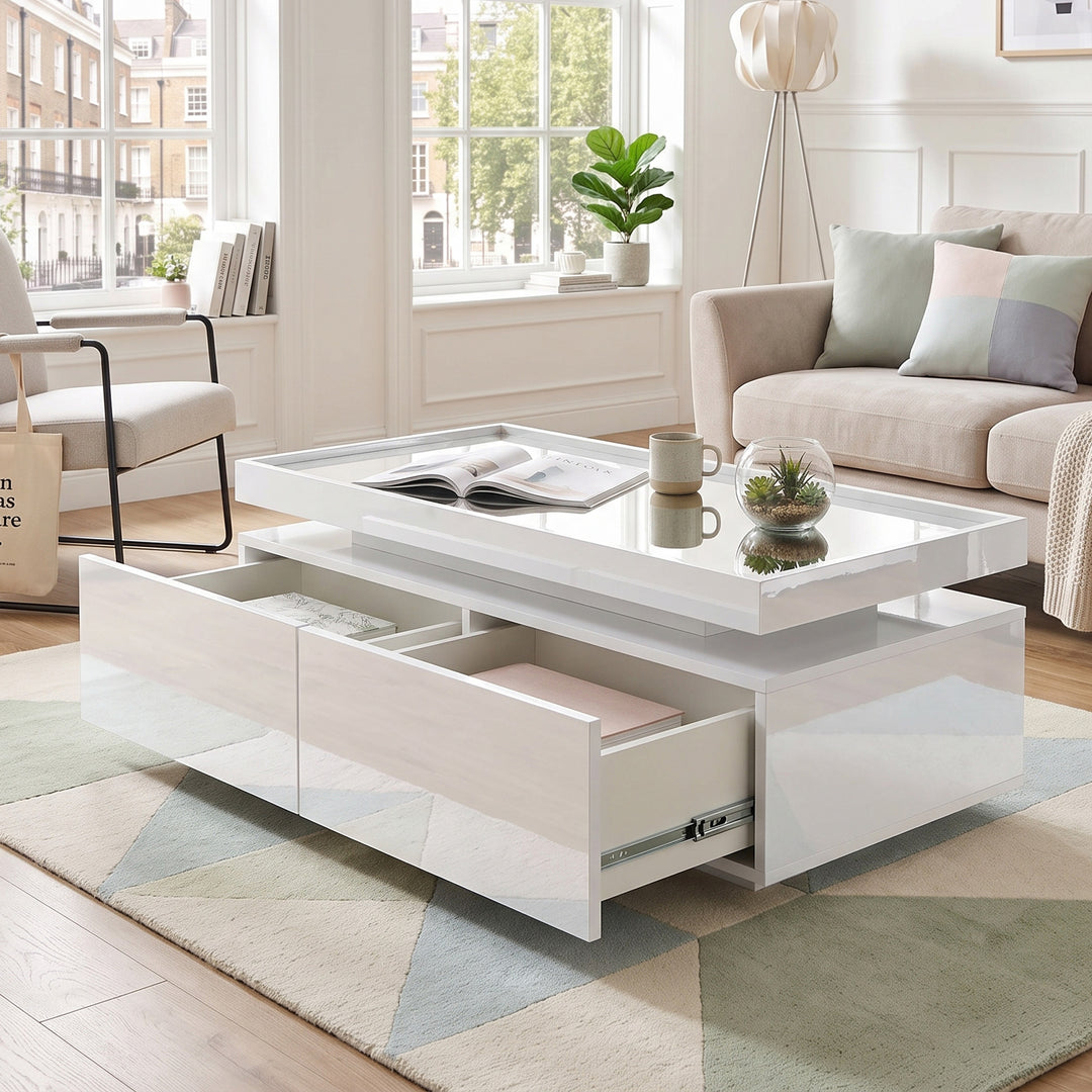 White Coffee Table with 2 Drawers and LED Lights 95x45x35cm VASEEDITION