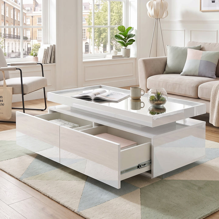 White Coffee Table with 2 Drawers and LED Lights 95x45x35cm VASEEDITION