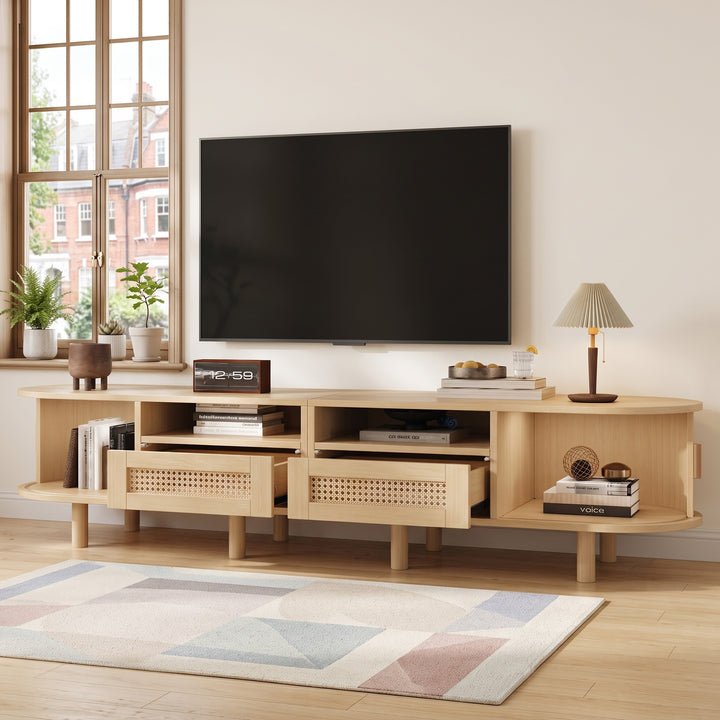 Oak Oval TV Stand with 2 Drawers with Rattan and 2 Sliding Doors 170cm VASEELITE