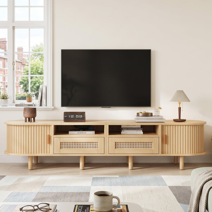 Oak Oval TV Stand with 2 Drawers with Rattan and 2 Sliding Doors 170cm VASEELITE