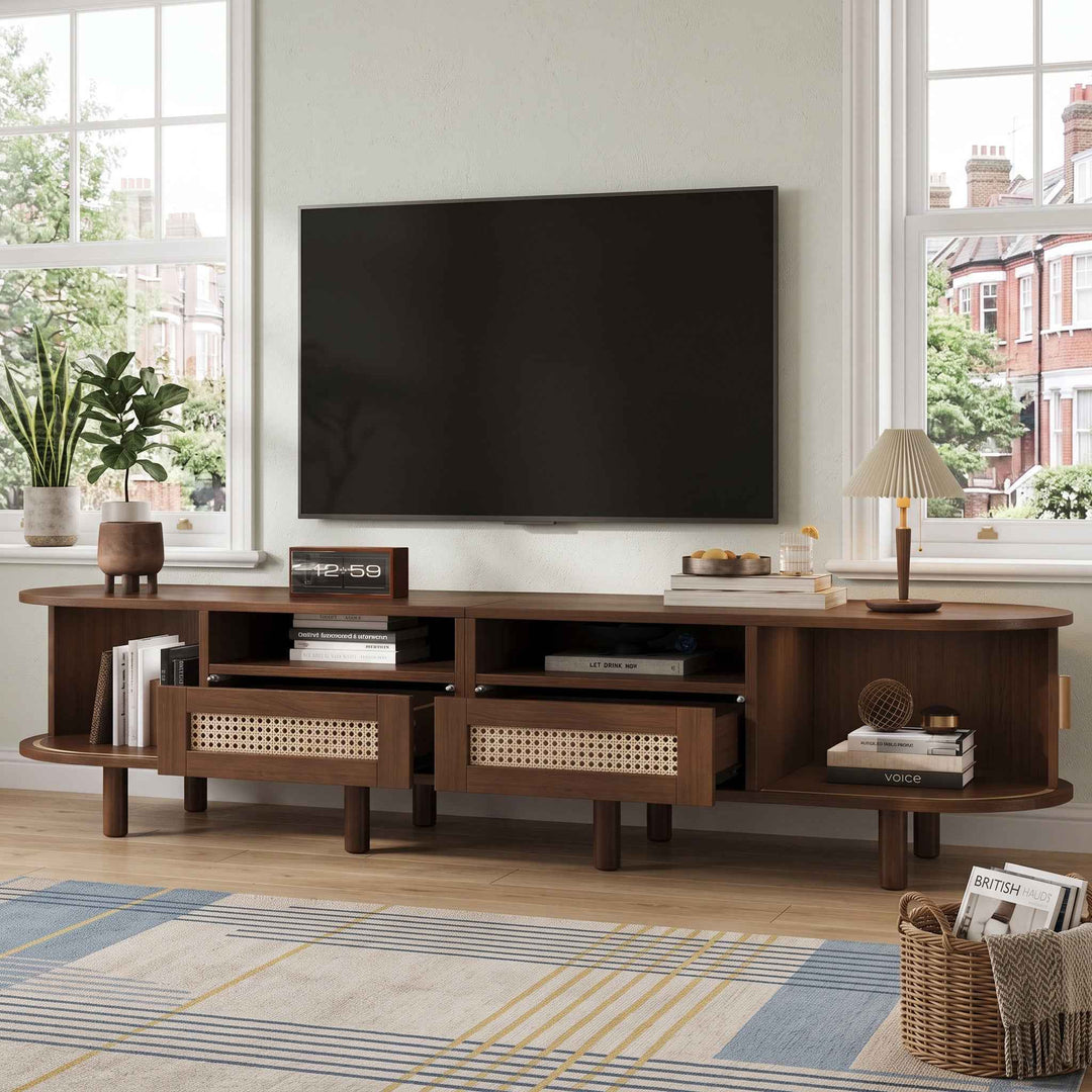 00+TV Stand 170 cmDark Oak with 2 Drawers and Sliding Doors for Living Room VASEGLASS