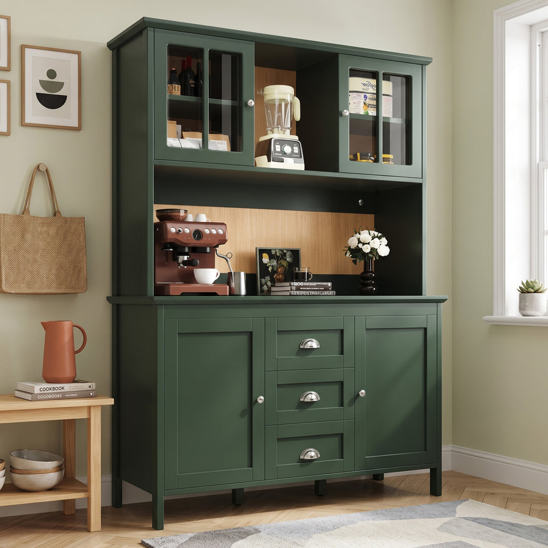 Green Kitchen Cabinet with 4 Doors, 3 Drawers & LED Lighting 179cm VASEGREEN