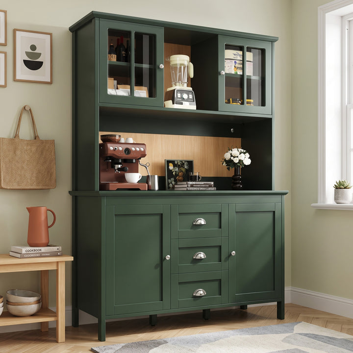 Green Kitchen Cabinet with 4 Doors, 3 Drawers & LED Lighting 179cm VASEGREEN