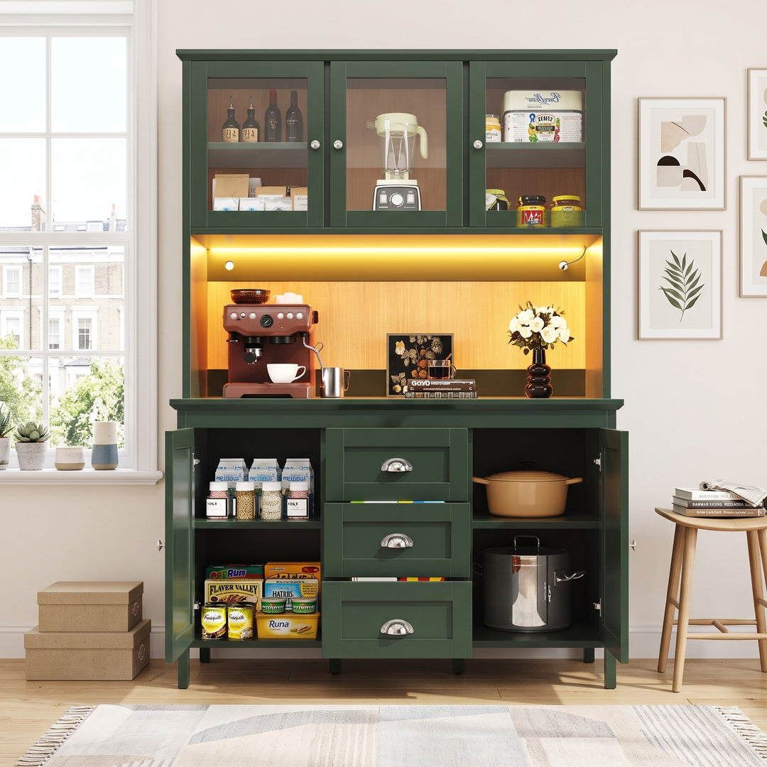 Green Kitchen Cabinet with 4 Doors, 3 Drawers & LED Lighting 179cm VASEGREEN