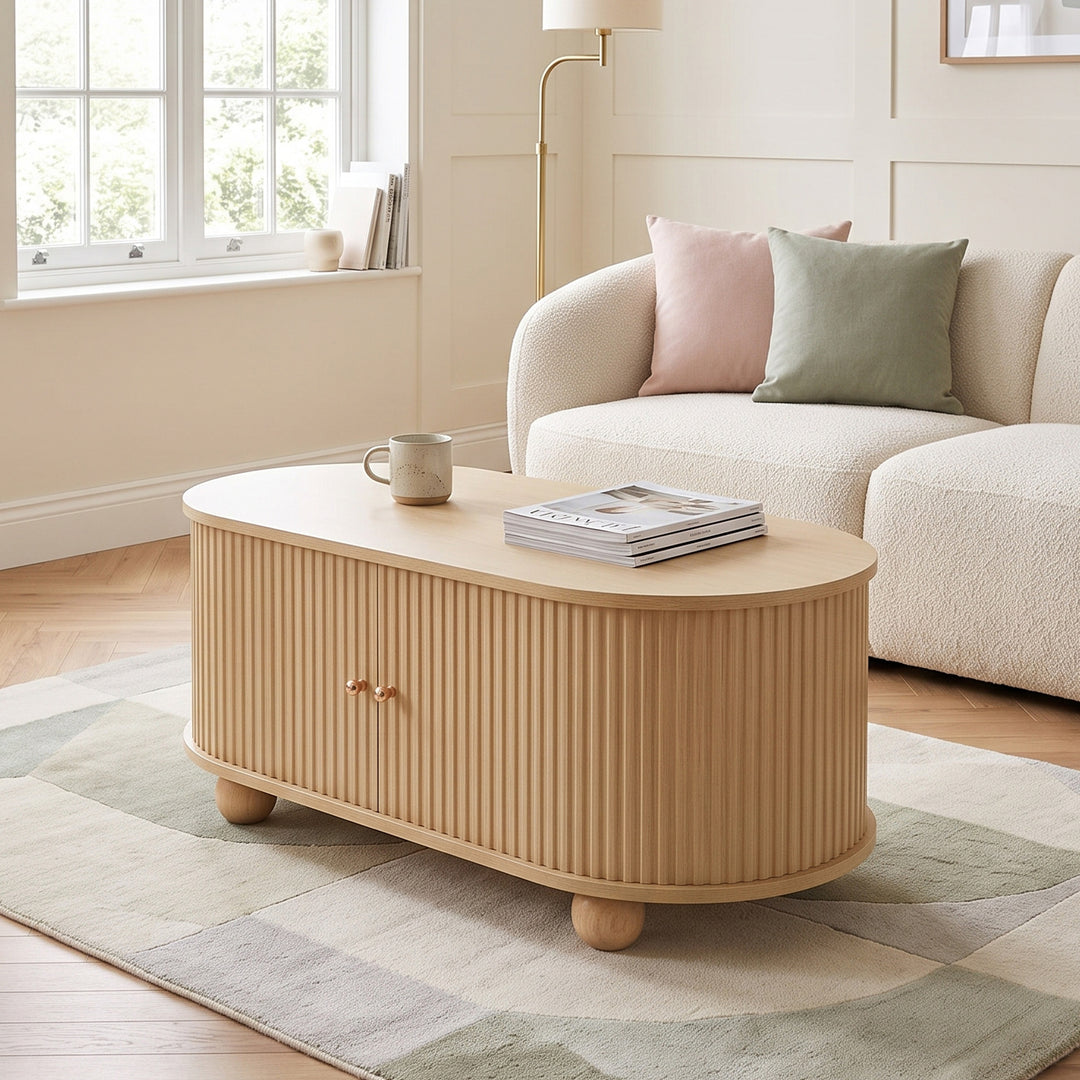 Oval Wooden Coffee Table with 2 Sliding Doors 100cm VASELIVING