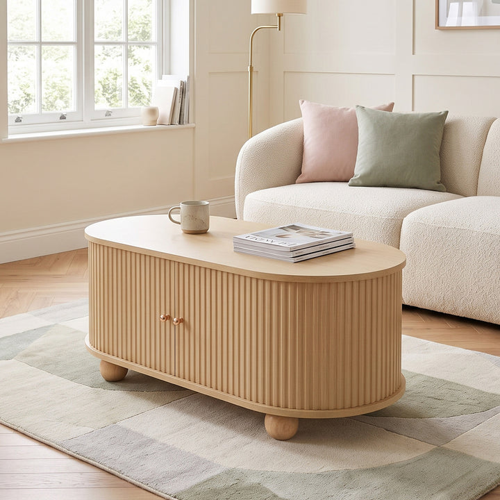 Oval Wooden Coffee Table with 2 Sliding Doors 100cm VASELIVING