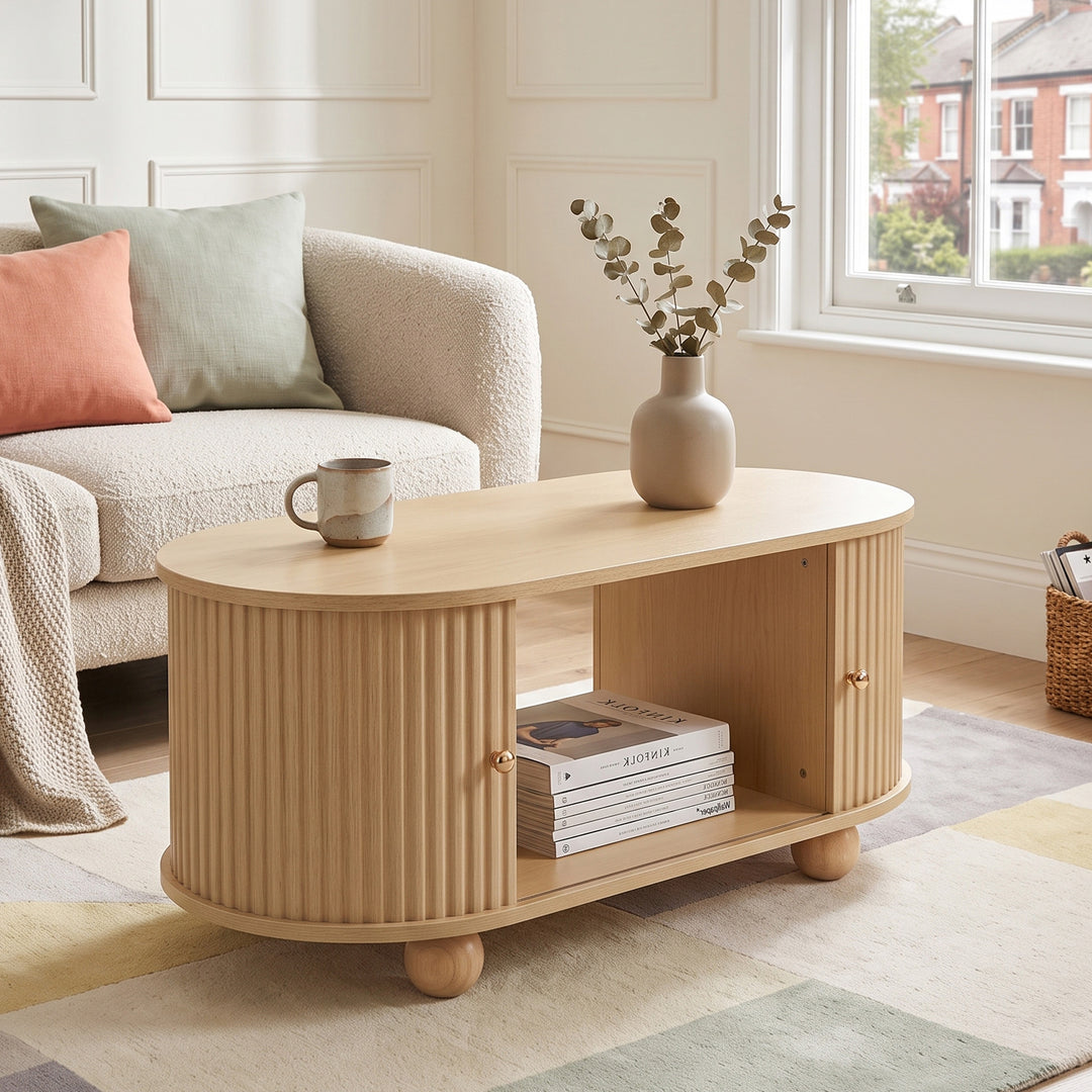 Oval Wooden Coffee Table with 2 Sliding Doors 100cm VASELIVING