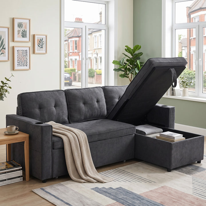 3-Seater Multi-Functional Sectional Sofa Bed Grey Cotton Linen with Pull-Out Bed and Storage VASEMARBLE