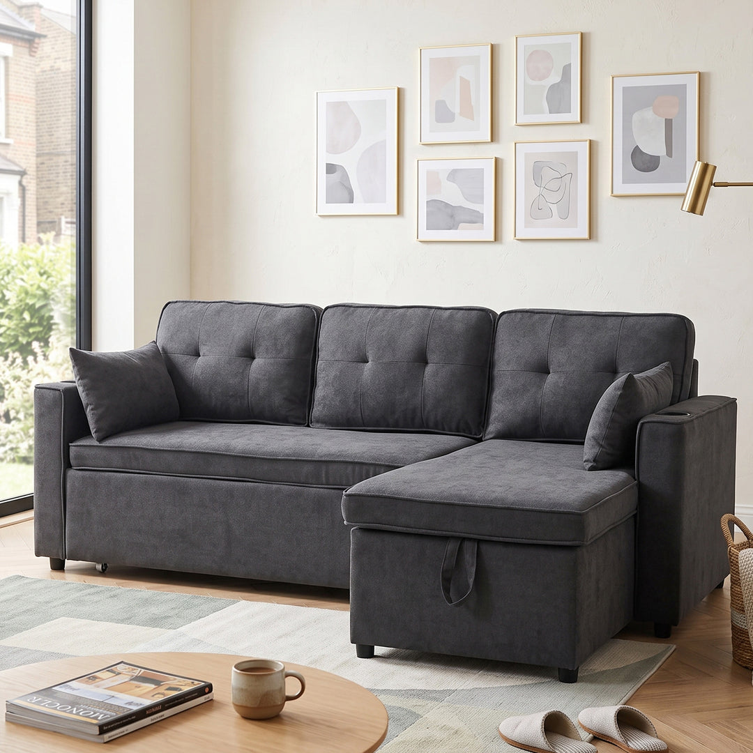 3-Seater Multi-Functional Sectional Sofa Bed Grey Cotton Linen with Pull-Out Bed and Storage VASEMARBLE