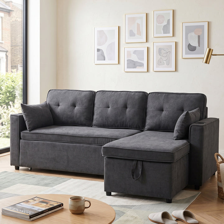 3-Seater Multi-Functional Sectional Sofa Bed Grey Cotton Linen with Pull-Out Bed and Storage VASEMARBLE